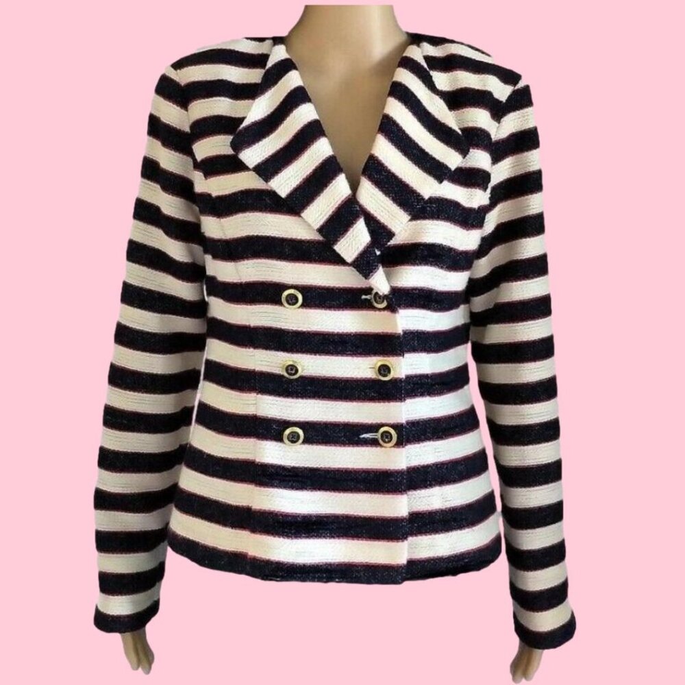 Cabi Cruise Navy Cream Red Striped Nautical Jacket 6